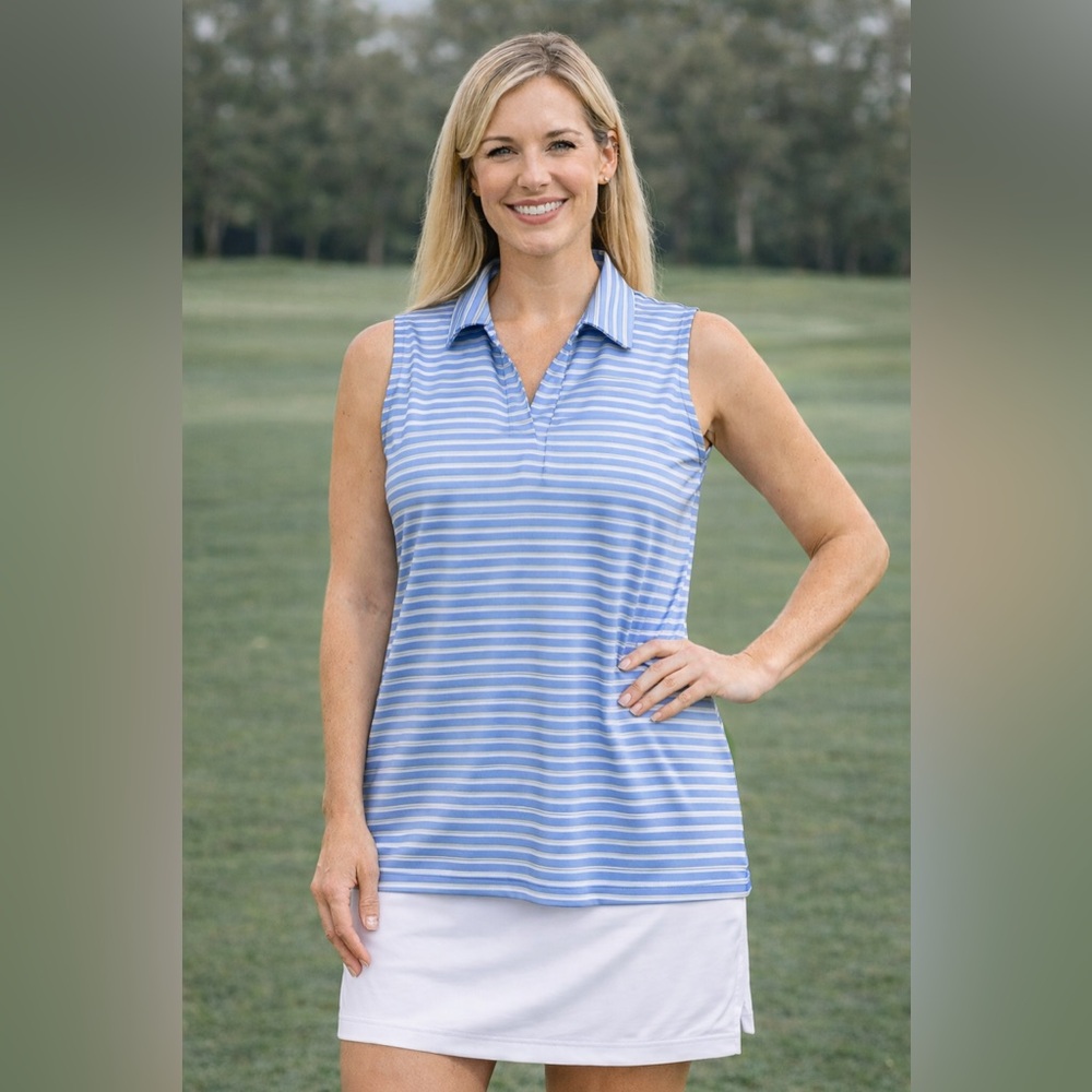 Adidas Golf Blue and White Striped Sleeveless Shirt